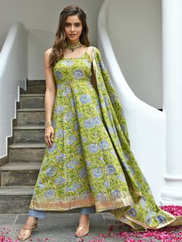 Janasya - Mustard Cotton Printed Kurta with Pant and Dupatta
