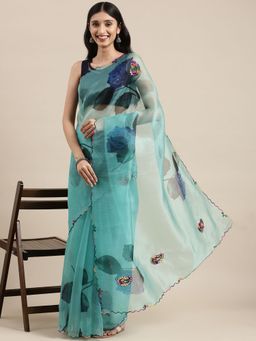 Vastranand - Teal Organza Party Wear Saree With Multi Colour Aari Work Butta with Unstitched Blouse