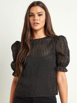 Styli - Black Checked Sheer Puff Sleeves Top