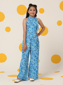 Cherry & Jerry - Girls Blue Printed Seersucker Full Length Jumpsuits