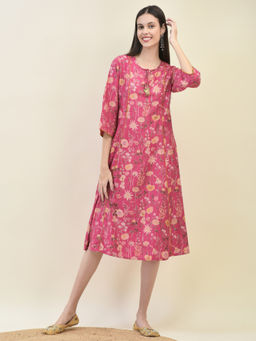 Shree - Women Viscose Pink Floral Print Dress