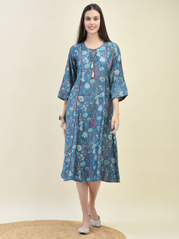 Shree - Women Viscose Blue Floral Print Dress