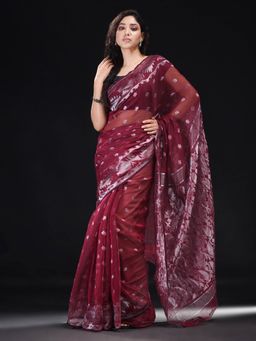 Beatitude - Red Cotton Silk Woven Jacquard Jamdani Saree with Unstitched Blouse