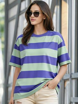 Bewakoof - Women's Blue & Green Striped Oversized T-shirt