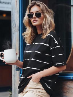 Bewakoof - Women's Black & White All Over Printed Oversized T-shirt