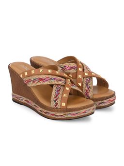 Delize - Women Tan Solid Cross Strap Wedge Sandals