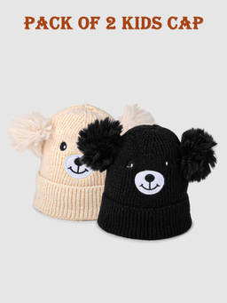 DukieKooky - Black & Cream Cute Bear Winter Beanie Caps (Pack of 2) (2-4 Years)