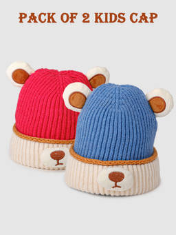 DukieKooky - Red & Blue Winter Beanie Caps (Pack of 2) (2-4 Years)