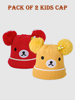 DukieKooky - Red & Yellow Winter Beanie Caps (Pack of 2) (2-4 Years)
