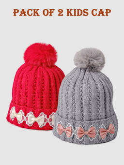 DukieKooky - Grey & Red Pom Pom Winter Knit Beanie Caps (Pack of 2) (2-4 Years)