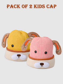 DukieKooky - Yellow & Pink Plush Ears Winter Knit Beanie Caps (Pack of 2) (2-4 Years)