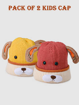 DukieKooky - Yellow & Rust Plush Ears Winter Knit Beanie Caps (Pack of 2) (2-4 Years)