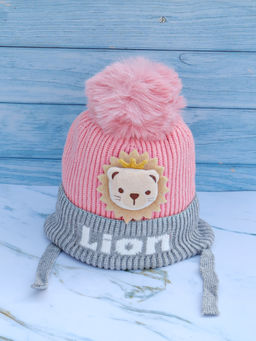 DukieKooky - Pink & Grey Lion Winter Beanie Cap (2-6 Years)