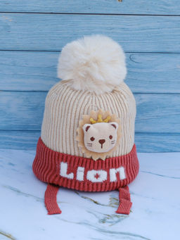 DukieKooky - Cream & Red Lion Winter Beanie Cap (2-6 Years)