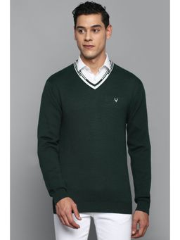 Allen Solly - Men Green Solid V Neck Full Sleeves Sweater