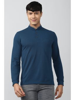 Peter England - Men Blue Solid Stylized Neck T-Shirt