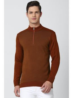 Peter England - Men Brown Patterned Stylized Neck Sweater