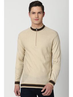 Peter England - Men Cream Self Design Stylized Neck Sweater