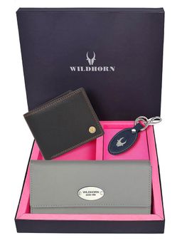 WILDHORN - Premium Leather Ladies Wallet, Mens Wallet and Keychain Gift -1K_GR_2052BK2_K (Set of 3)