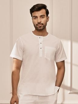 Vastramay - Men Om Embroidery White Cambric Cotton Yoga Kurta