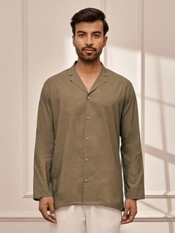 Vastramay - Men Mehendi Green Cambric Cotton Full Sleeve Yoga Kurta