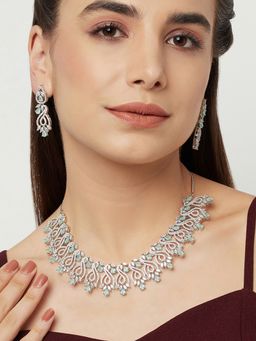 Voylla - Pear Cut Cz Adorned Silver Plated Brass Floral Jewellery Set