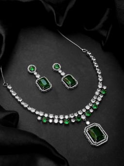 Voylla - Sparkling Elegance Classic Charm Green American Diamond Jewellery Set