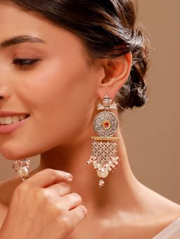 Voylla - Silver Oxidised Pearl Drop Statement Earrings
