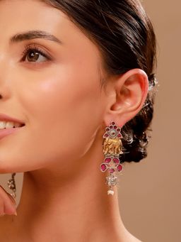 Voylla - Gaja Pink Stone Dangler Dual Tone Earrings