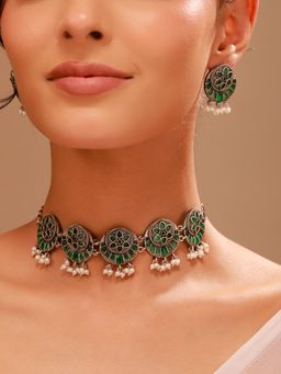 Voylla - Oxidised Green Stone Floral Jewellery Set