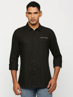 Solemio - Men Solid Cotton Slim Fit Full Sleeves Black Shirt