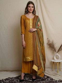 Stylee LIFESTYLE - Gold Chinon Chiffon Embroidered Dress Material (Set of 3)