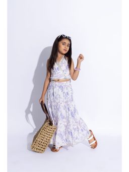 Taffy - 100% Cotton Sleeveless Floral Printed Back Tie Up Crop Top and Tiered Skirt (Set of 2)