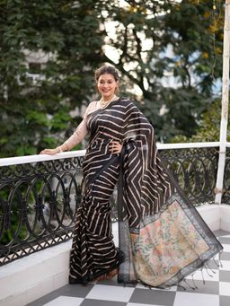 Odette - Black Gorgeous Tussar Silk Leheriya Saree with Unstitched Blouse