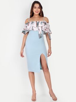 IKI CHIC - Blue Bodycon Midi Dress With Printed Off-shoulder Ruffles