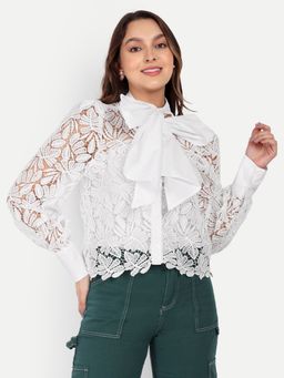 IKI CHIC - White Sheer Lace Shirt With White Tie-Up Bow