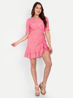 IKI CHIC - Pink And White Printed Wrap Style Mini Dress With Ruched Detailing