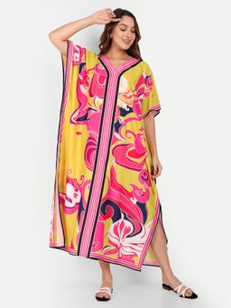 IKI CHIC - Multicolour Printed V-neck Short Sleeve Long Kaftan Dress