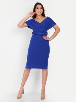 IKI CHIC - Blue Midi Bodycon Dress With A Wrap Off-shoulder Design And A Waist Belt (Set of 2)