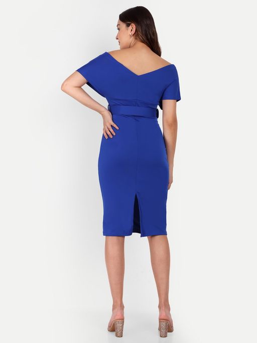 Buy IKI CHIC Blue Midi Bodycon Dress With A Wrap Off-shoulder Design And A  Waist Belt (Set of 2) Online