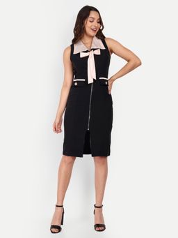 IKI CHIC - Black Halter Neck Midi Bodycon Dress With Contrast Lapel Collar And Bow
