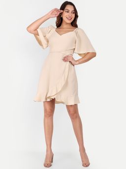 IKI CHIC - Beige Wrap Skater Dress With Ruffle Detailing