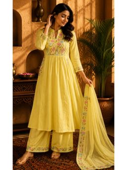 Sindh Fashion - Women Yellow Bloom Anarkali Kurta With Palazzo And Dupatta