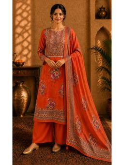 Sindh Fashion - Women Rust Orange Blossom Ethnic Kurta With Palazzo And Dupatta