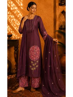 Sindh Fashion - Women Wine Purple Printed Kurta With Palazzo And Dupatta