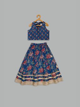 MEHAK MURPANA - Teal Printed Crop Top With Skirt
