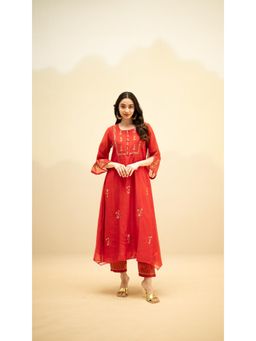 AM by Anita Mittal - Chandini Mul Chanderi Aline Red Kurta With Pant And Dupatta