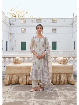 Karaj Jaipur - Beige Linen Mirror Work Kurta With Pant And Dupatta