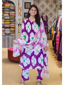 Pink Tree - Purple Pure Cotton Block Print Kurta With Pant And Dupatta