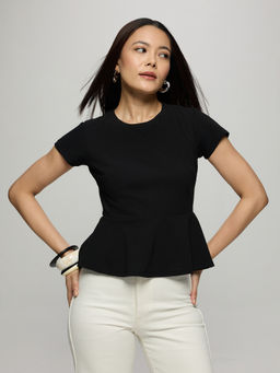 Twenty Dresses by Nykaa Fashion - Black Knit Short Sleeves Peplum Top